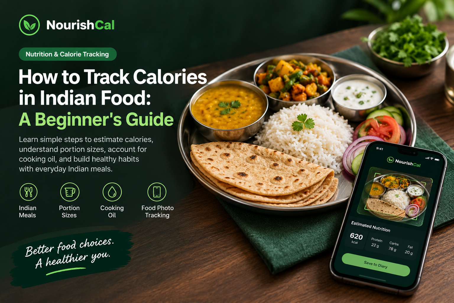 Indian thali with roti, rice, dal, and vegetables beside a phone displaying estimated nutrition in NourishCal.