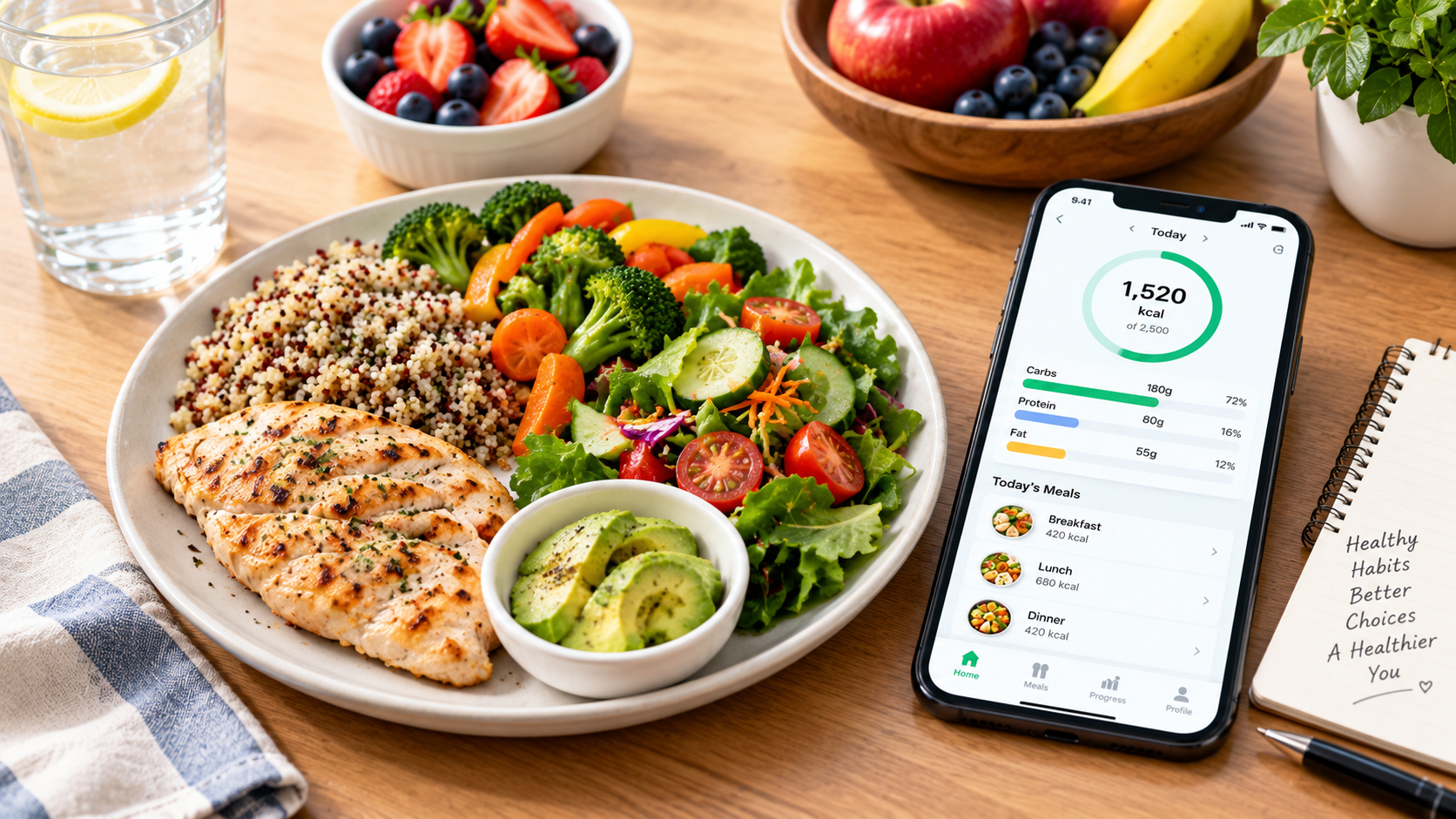 Balanced American-style meal with grilled chicken, quinoa, vegetables, salad, and a smartphone displaying a calorie-tracking app.