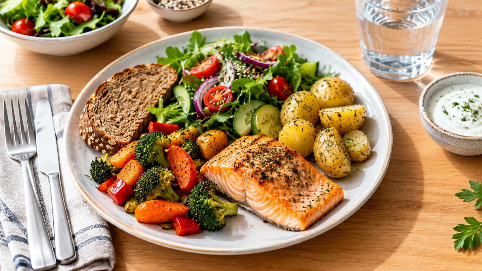 Balanced European-style meal with salmon, potatoes, wholegrain bread, roasted vegetables, and fresh salad.