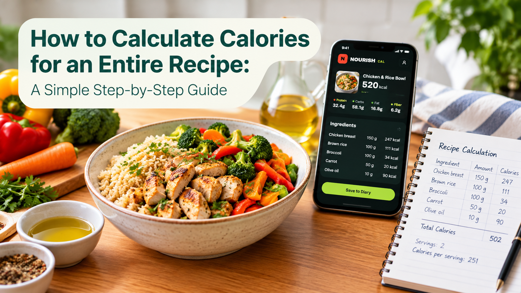 Kitchen scale weighing ingredients beside a homemade meal, measuring spoon, and recipe notebook for calculating calories.