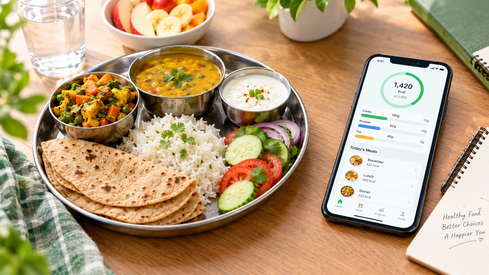 Balanced Indian meal with roti, rice, dal, vegetables, curd, and fruit representing daily calorie needs.