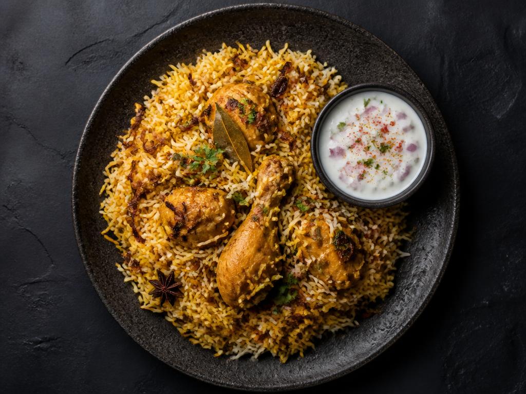 Chicken biryani with a bowl of raita on a dark plate